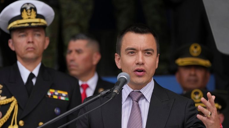 Ecuador President Daniel Noboa speaks during a ceremony to deliver...