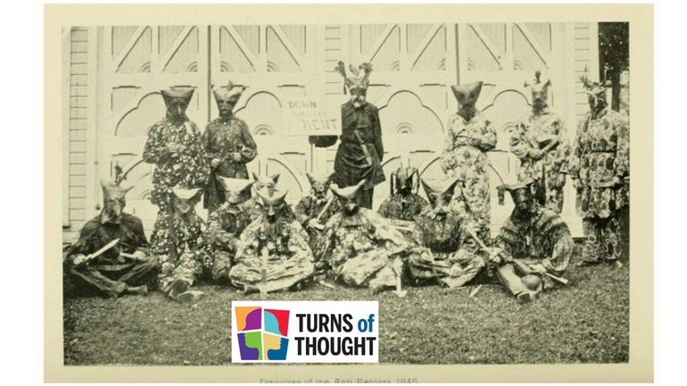 A photograph of masked tenant farmers protesting against landlords titled...