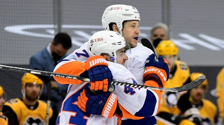 Jean-Gabriel Pageau of the Islanders celebrates his goal during the...