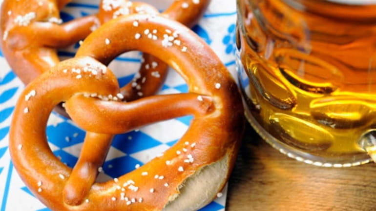 Giant pretzels and beer are fine accompaniments for celebrating Oktoberfest.