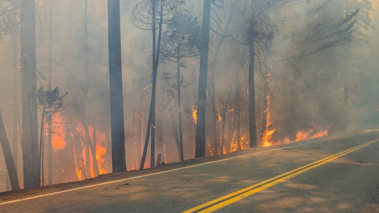 The Park Fire burns along Highway 32 near Forest Ranch,...