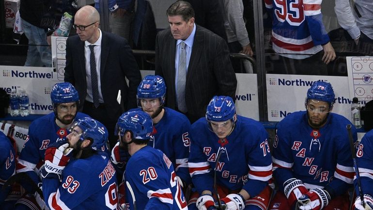 Rangers head coach Peter Laviolette looks on during the third...