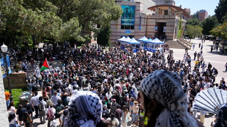 Students gather on the UCLA campus to protest the Israel-Hamas...