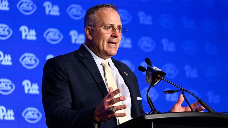 Pittsburgh head coach Pat Narduzzi speaks during the Atlantic Coast...