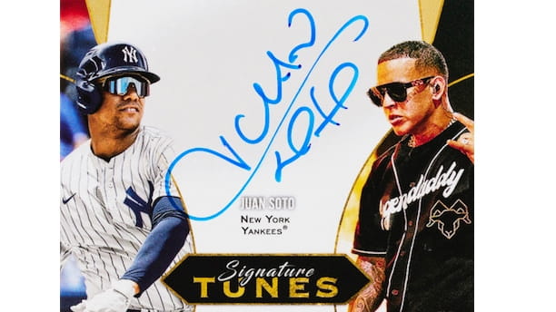 This Topps card features the Yankees' Juan Soto and musical artist...
