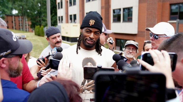 Pittsburgh Steelers running back Najee Harris addresses the media after...