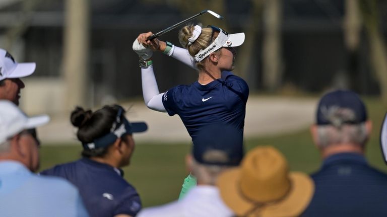 Nelly Korda hits off the ninth tee during the first...