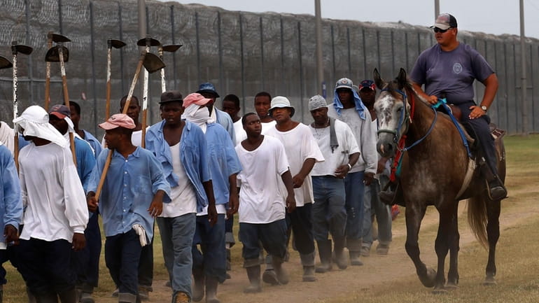 A prison guard rides a horse alongside prisoners as they...