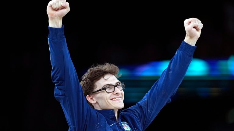 Stephen Nedoroscik, of the United States, celebrates after winning the...