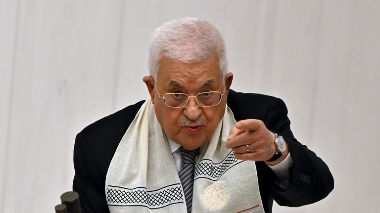 Palestinian President Mahmoud Abbas, addresses a speech during an extraordinary...