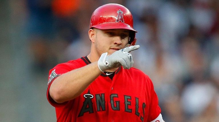 Mike Trout of the Los Angeles Angels at Yankee Stadium...