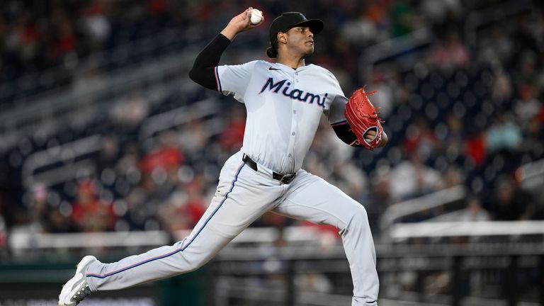 Miami Marlins starting pitcher Edward Cabrera throws during the fifth...