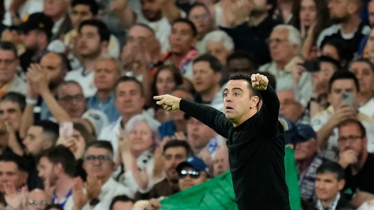 Barcelona's head coach Xavi Hernandez gestures during the Spanish La...