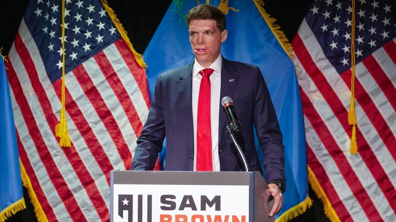 Republican senatorial candidate Sam Brown speaks at an election night...