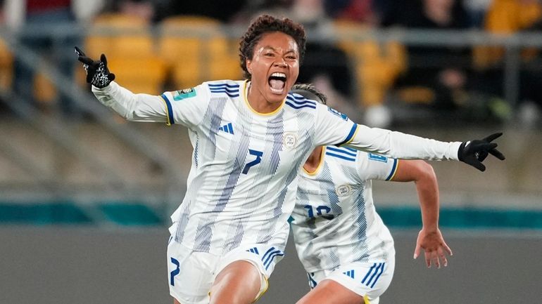 Philippines' Sarina Bolden reacts after scoring her team's first goal...