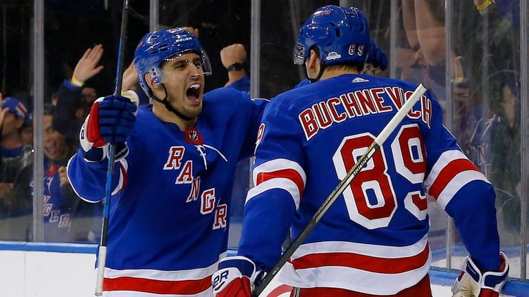 Pavel Buchnevich of the Rangers celebrates his third-period goal against...