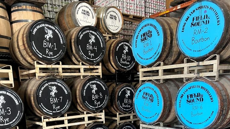 Barrels of bourbon and rye at the Long Island Spirits distillery...