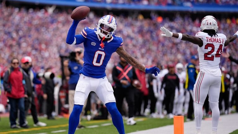 Buffalo Bills wide receiver Keon Coleman (0) celebrates a catch...