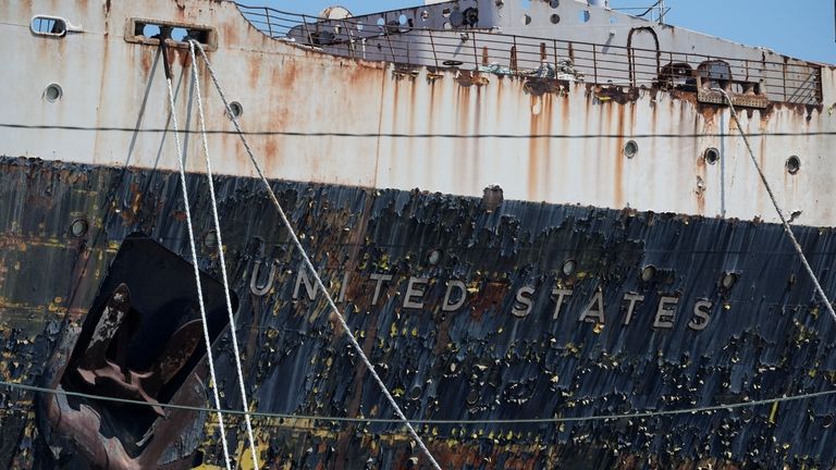 The S.S. United States is moored on the Delaware River...