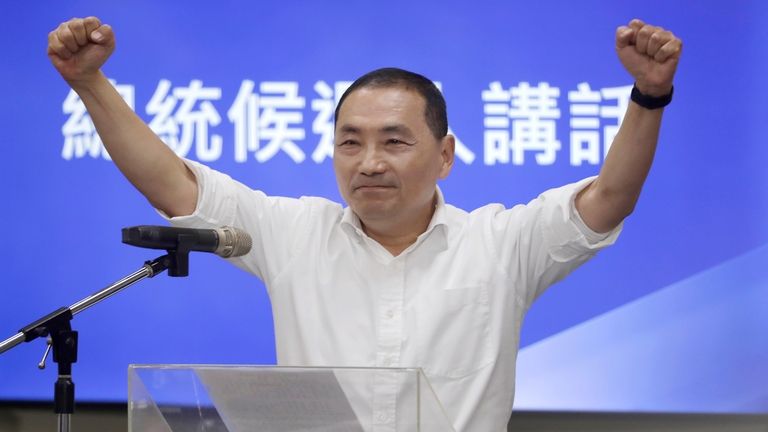 New Taipei City Mayor Hou You-yi delivers a speech during...