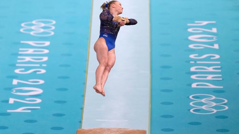 Jade Carey, of the United States, competes during the women's...