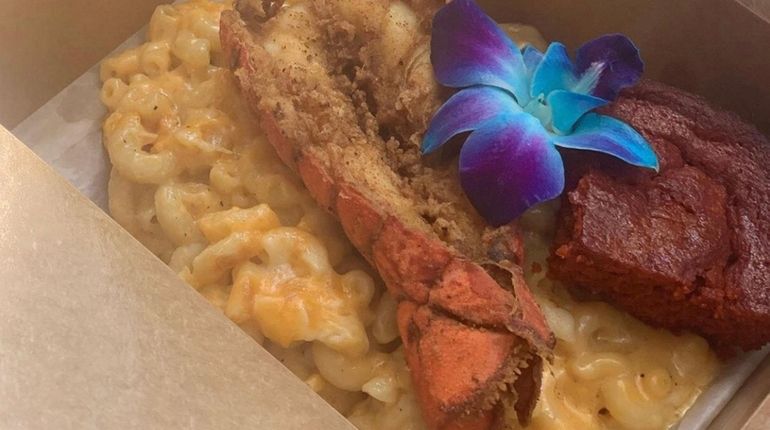 Lobster with macaroni and cheese and red velvet cornbread from Good Eats...