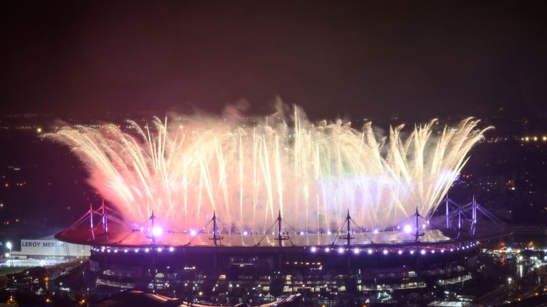 Fireworks are fired from the Stade du France during the...