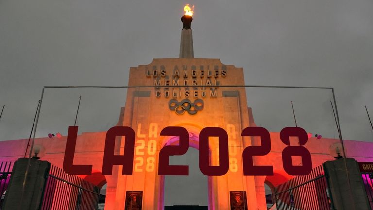 An LA 2028 sign is seen in front of the...