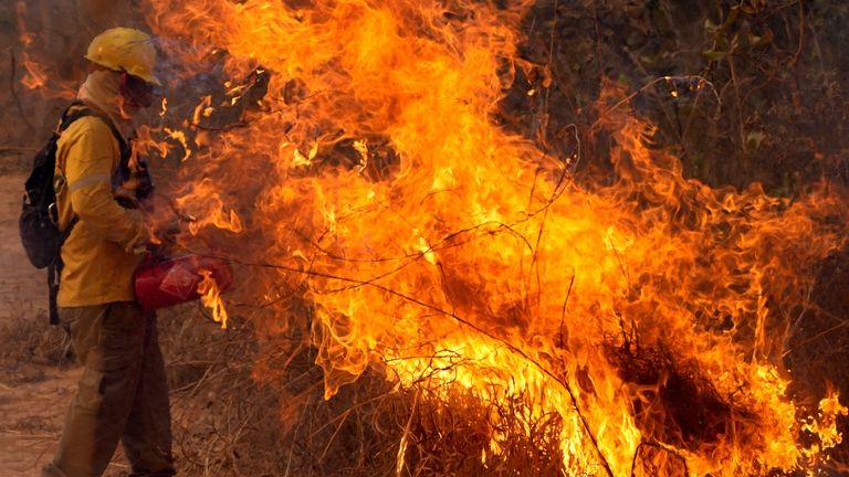 A firefighter works to put out fires in the Brasilia...