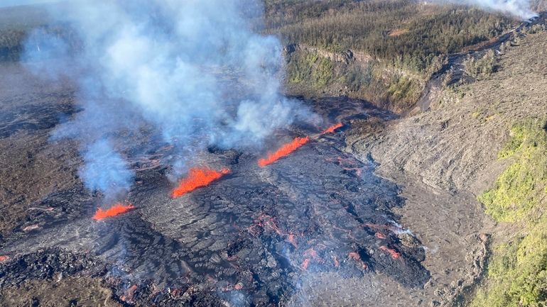 This photo provided by the U.S. Geological Survey, captured during...