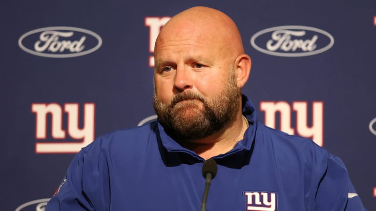 Giants head coach Brian Daboll speaks to reporters after an...
