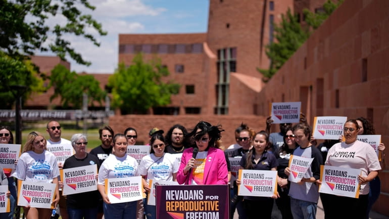 Lindsey Harmon, President, Nevadans for Reproductive Freedom, speaks during a...