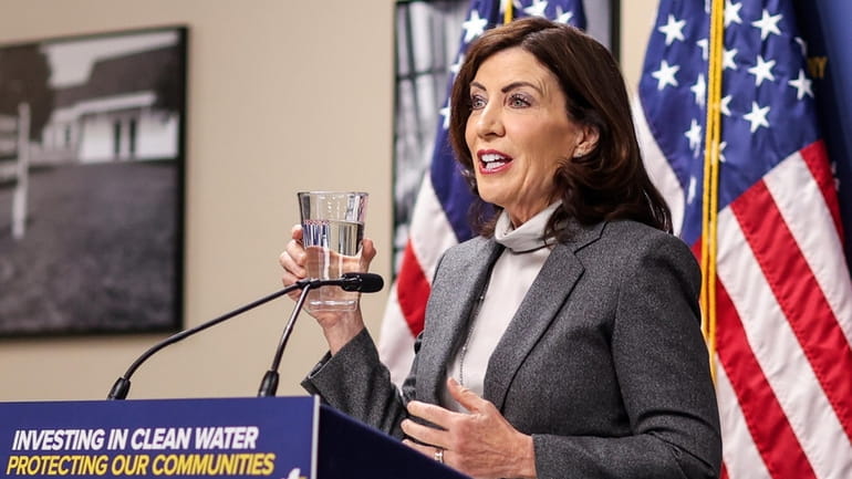 Governor Kathy Hochul speaks during a water infrastructure announcement held...