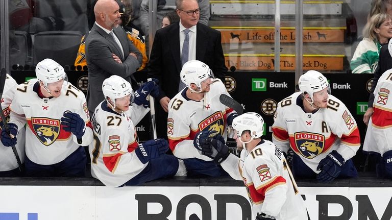 Florida Panthers' Vladimir Tarasenko (10) is congratulated for a goal...