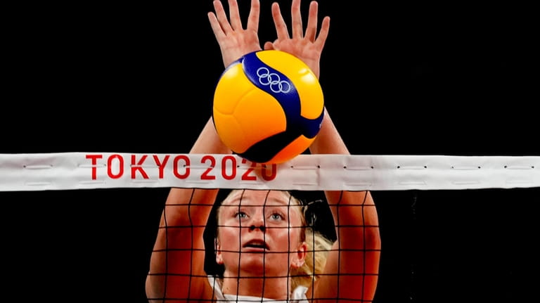 United States' Jordyn Poulter blocks the ball during the women's...
