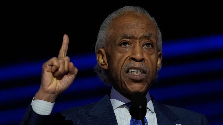 Al Sharpton speaks during the Democratic National Convention Thursday, Aug....