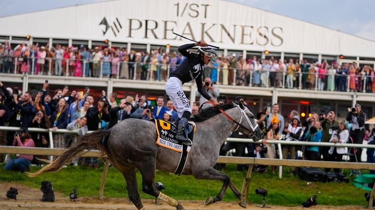 Jaime Torres, atop Seize The Grey, reacts after crossing the...