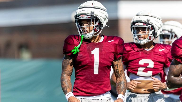 Alabama defensive back Domani Jackson (1) works through drills during...