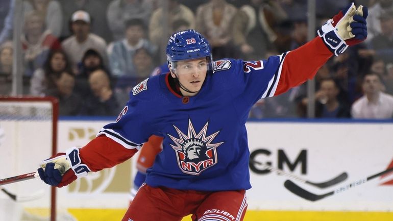 Jimmy Vesey #26 of the Rangers skates against the Islanders at Madison...