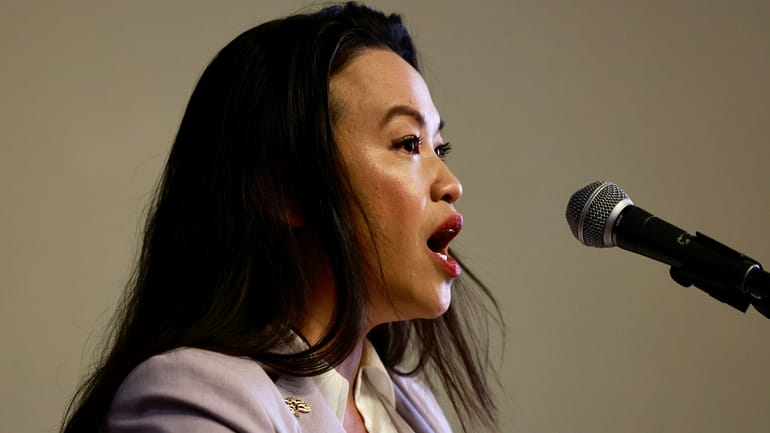 Oakland Mayor Sheng Thao makes remarks to the media at...
