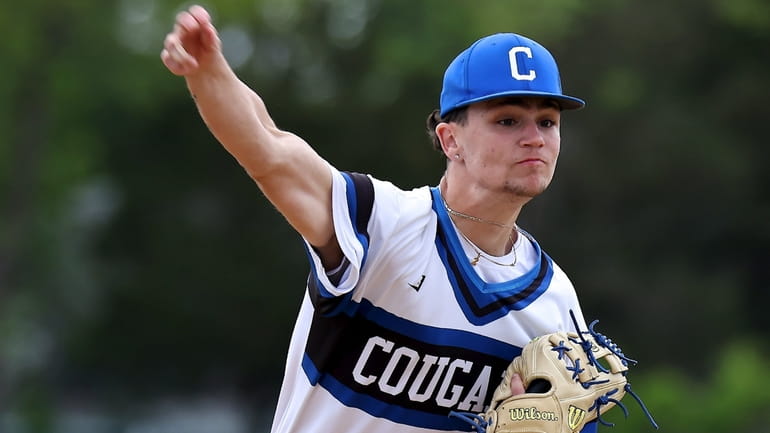 Centereach starting pitcher Rocco Panaro delivers a pitch against West...