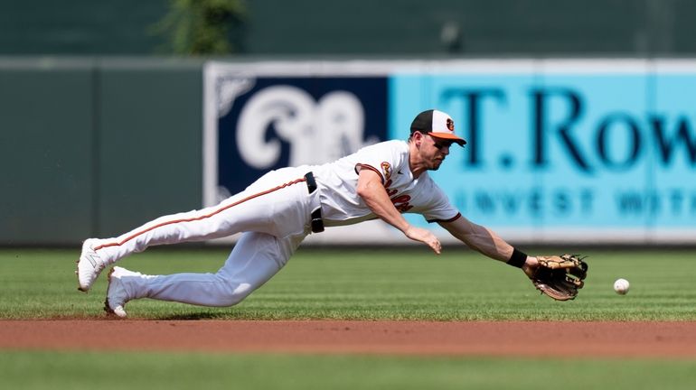 Baltimore Orioles third baseman Jordan Westburg is unable to field...