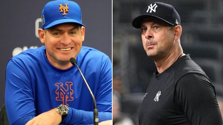 Mets manager Carlos Mendoza, left, and Yankees manager Aaron Boone.