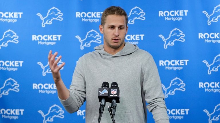 Detroit Lions quarterback Jared Goff speaks to the media after...