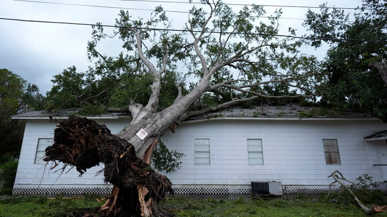 An upended tree lays on the rooftop of the Bethel...