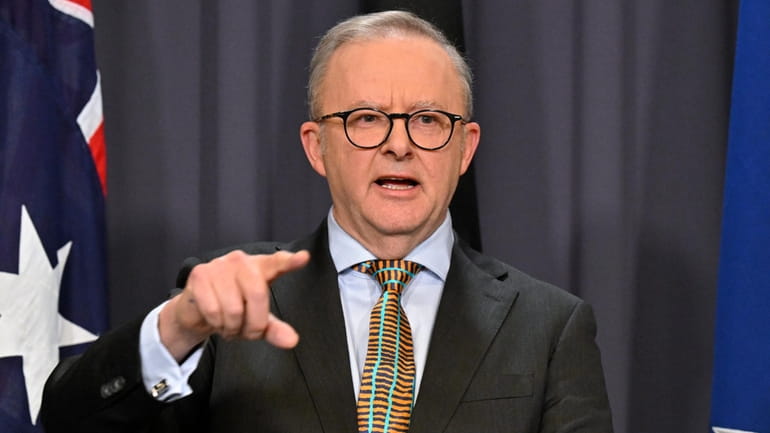 Australian Prime Minister Anthony Albanese speaks at a press conference...
