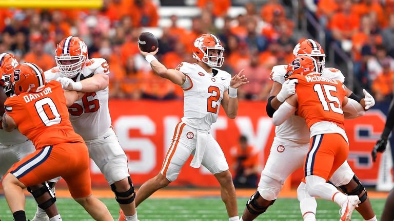 Clemson quarterback Cade Klubnik (2) throws a pass during the...