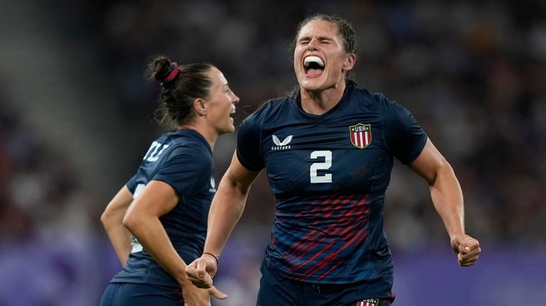 United States' Ilona Maher celebrates after winning their women's quarterfinal...