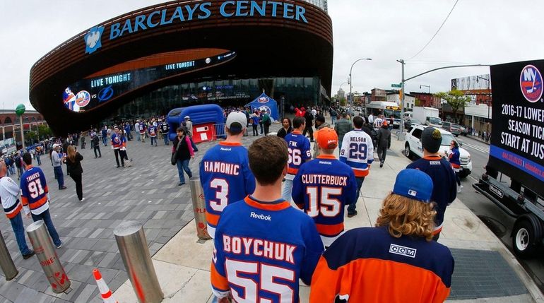 Fans arrive at Barclays Center on May 3, 2016, before...