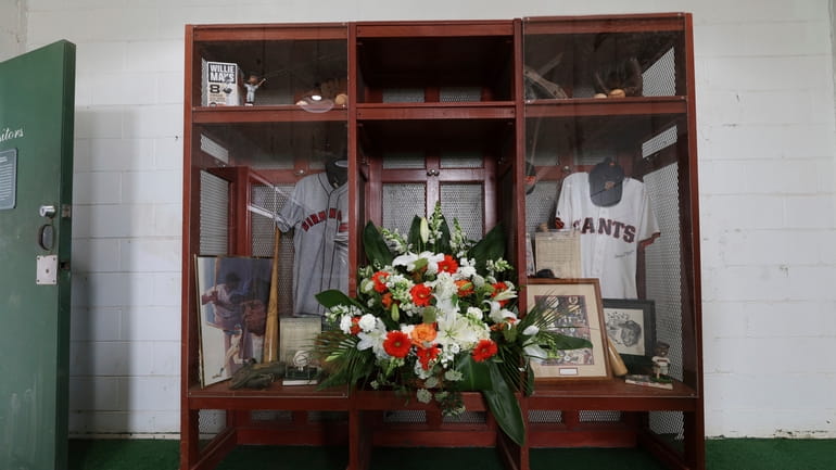 A memorial to Willie Mays is seen inside Rickwood Field...